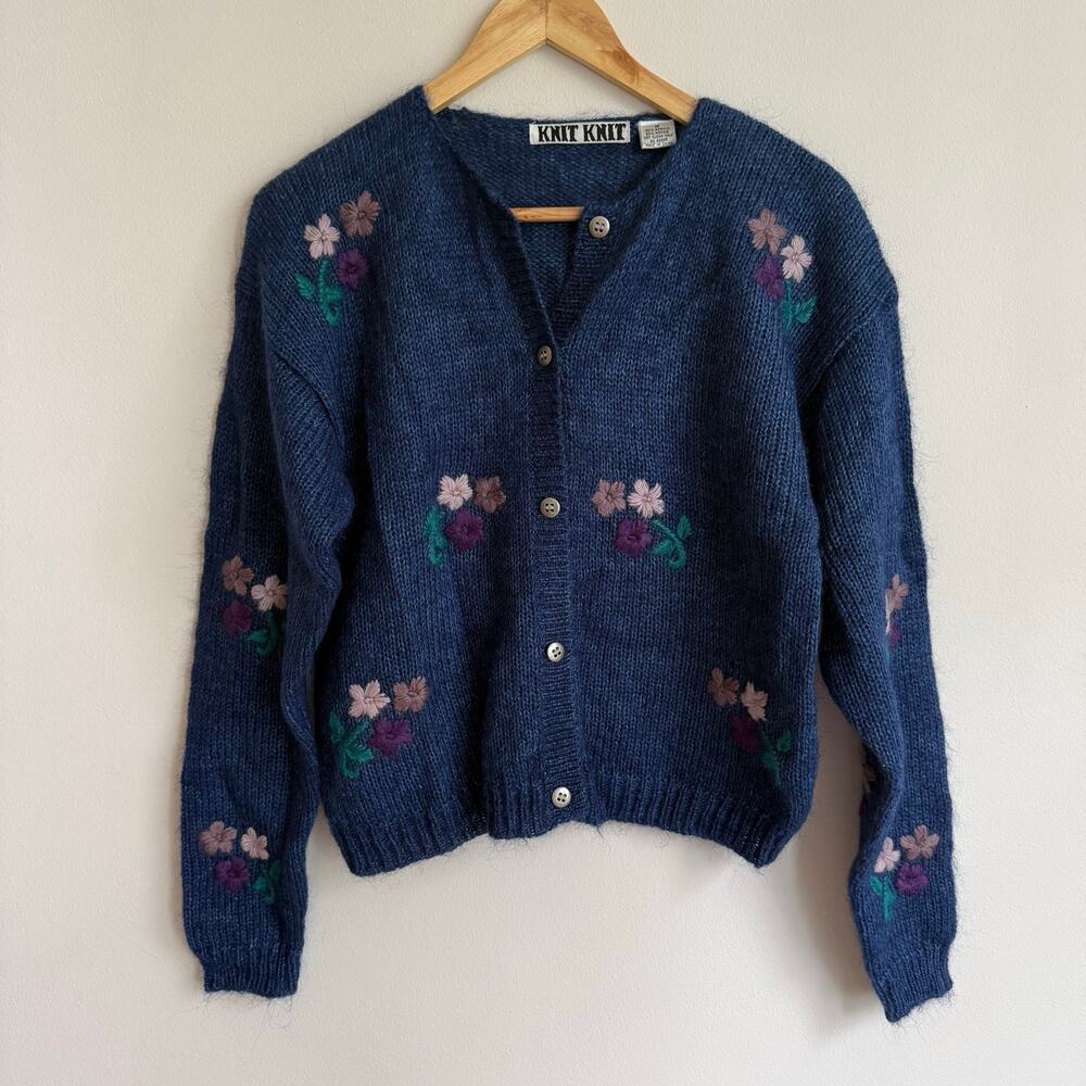 80's Vintage Knit Knit Mohair Blend Dark Blue Embroidered Floral Cardigan Size M